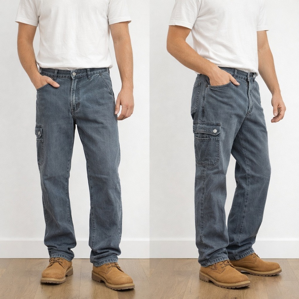 VTG 90s Bugle Boy Mens Gray Carpenter Cargo Jeans Sz 32M Straight Workwear Denim